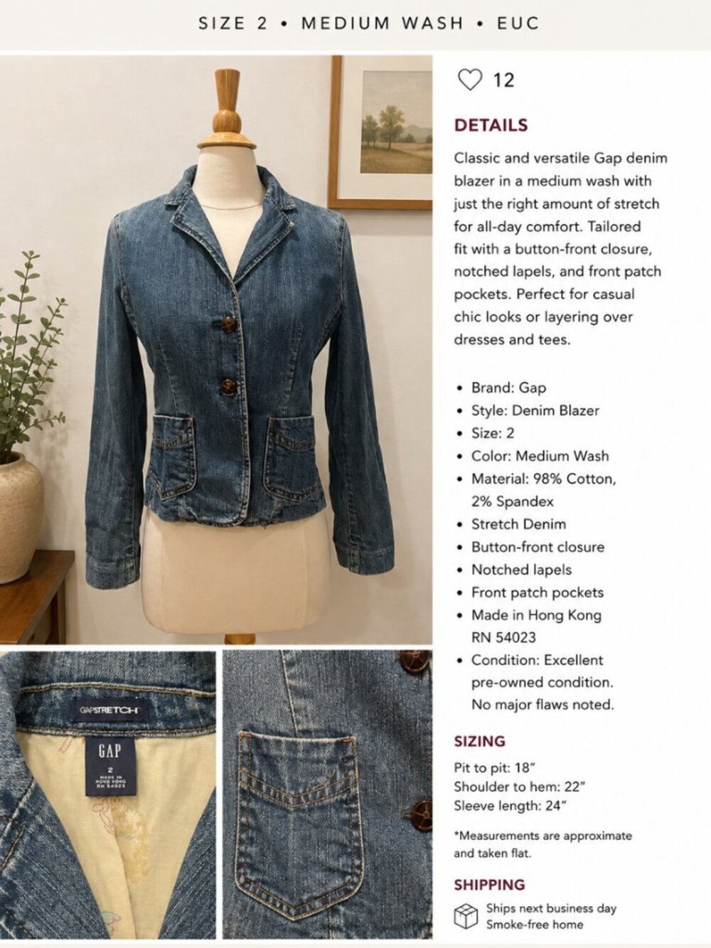 GAP Stretch Denim Blazer | Size 2 | Medium Wash | EUC